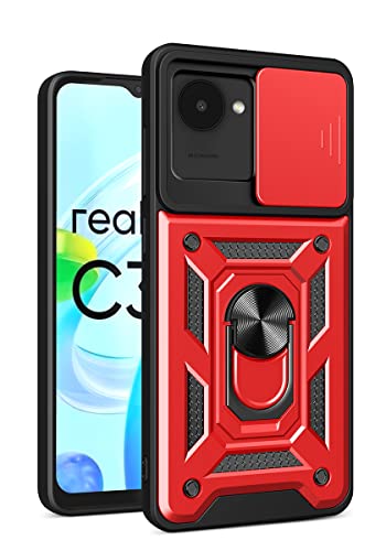 DESSEN Handyhülle für Oppo Realme C30 4G, Weiche TPU/PC Silikon Hülle und Objektiv Cover, Stoßfeste Schutzhülle mit 360 Grad Drehbarer Ringhalterung Case. Rot von DESSEN