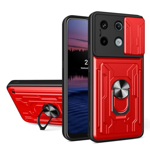 DESSEN Handyhülle für Redmi Note 13 Pro 5G, Mit Kartenfach Weiche TPU/PC Hülle und Objektiv Cover, Stoßfeste Schutzhülle mit Drehbarer Ringhalterung Case. Rot von DESSEN