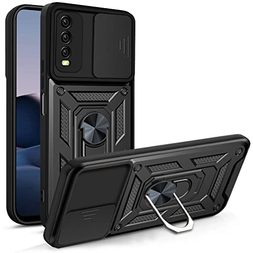 DESSEN Handyhülle für Vivo Y20, Weiche TPU/PC Silikon Hülle und Objektiv Cover, Stoßfeste Schutzhülle mit 360 Grad Drehbarer Ringhalterung Case. Schwarz von DESSEN