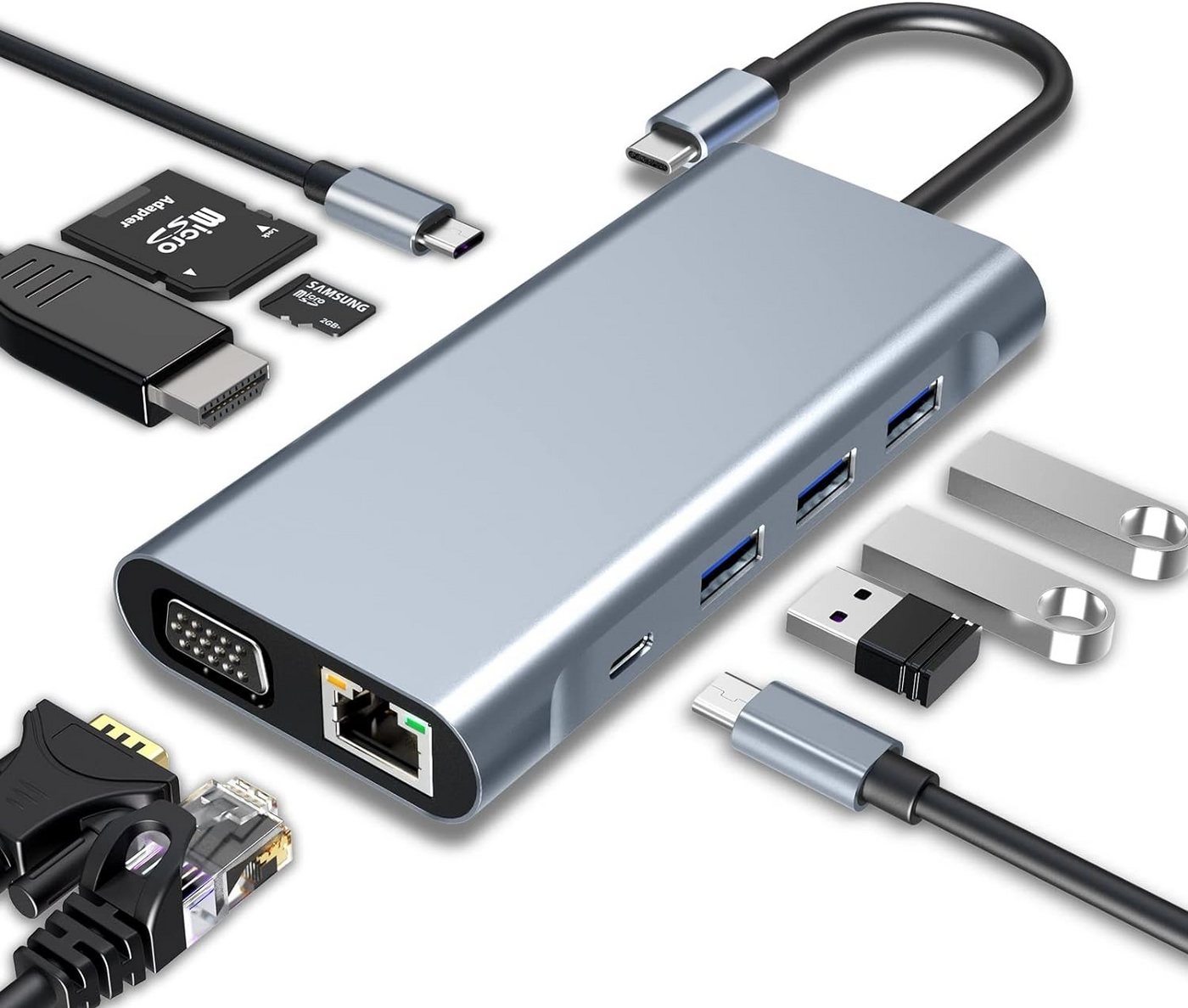 DESUO 10 in 1 USB HUB Adapter für MacBook Dell Lenovo mit 4K HDMI VGA RJ45 Adapter von DESUO