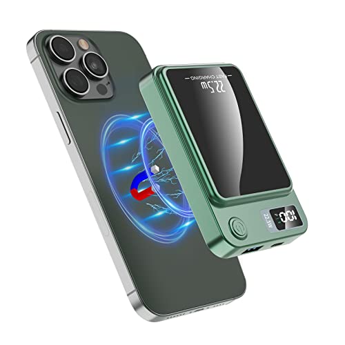 Externer Akku, magnetisch, kabellos, 10.000 mAh, 20 W, USB C, Schnellladung, PD QC 3.0, Power Bank, tragbar, dünn und leicht, in Mini-Größe, kompatibel mit iPhone 14 15 13 12 Plus Pro Max (grün) von DETENG