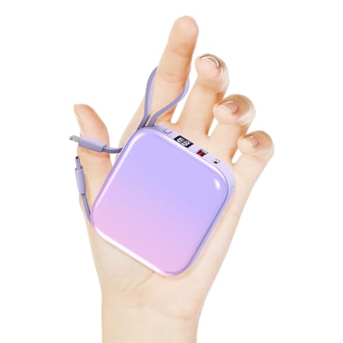 Power Bank mit Kabel 10000mAh Klein USB C PD22.5W Powerbank Schnelles Aufladen Mini Tragbares Ladegerät Externer Akku Klein Aber Stark akkupack LED-Anzeige für iPhone Huawei Samsung S23 usw (Lila) von DETENG