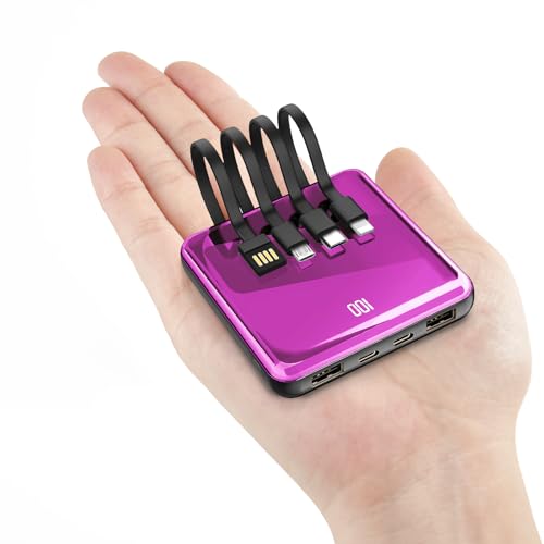 Powerbank mit Kabel, 10000mAh Externer Akku Mini Kompakte mit Tragbares Schnellladegerät LED Display, 5 Ausgänge und 3 Eingangswege, kompatibel mit iPhone 12 13 14 15 Samsung iPad Huawei etc (Purple) von DETENG