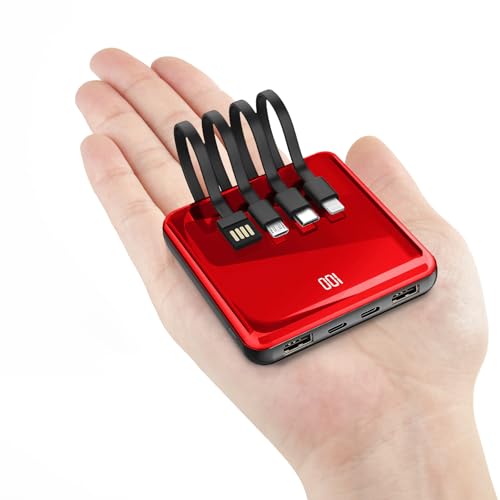 Powerbank mit Kabel, 10000mAh Externer Akku Mini Kompakte mit Tragbares Schnellladegerät LED Display, 5 Ausgänge und 3 Eingangswege, kompatibel mit iPhone 12 13 14 Pro Samsung iPad Huawei etc (Red) von DETENG