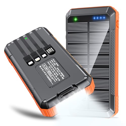 Solar Powerbank mit Kabel, 33800mAh Externer Akku 22.5W PD3.0 USB-C Schnellladegerät mit Taschenlampe (SOS), 6 Ausgänge und 4 Eingänge,für iPhone 12 13 14 15 Samsung iPad Camping Outdoor etc (Orange) von DETENG