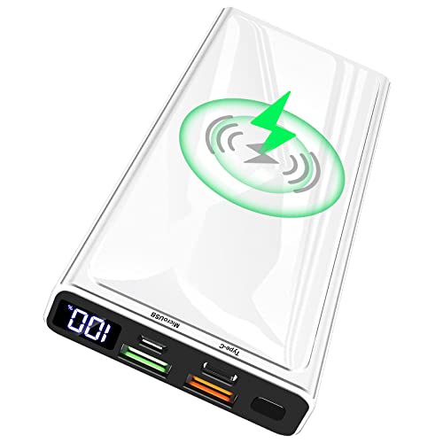 Wireless Powerbank, 22.5W PD20W QC 3.0 LED Display 10000mAh Externer Akku mit Tragbares Schnellladegerät, 2 Eingängen und 4 Ausgängen (Qi & USB C) für iPhone Samsung Huawei iPad Tablet Airpods usw von DETENG