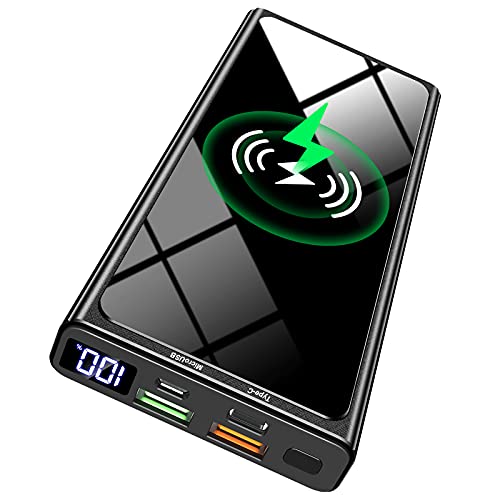 Wireless Powerbank, 22.5W PD20W QC 3.0 LED Display 10000mAh Externer Akku mit Tragbares Schnellladegerät, 2 Eingängen und 4 Ausgängen (Qi & USB C) für iPhone Samsung Huawei iPad Tablet Airpods usw von DETENG