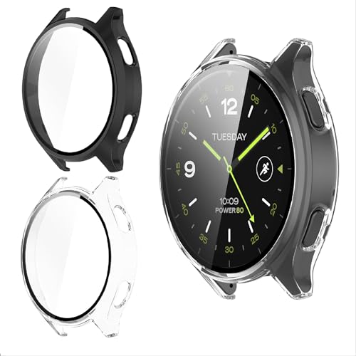 DETUEUA 2 Stück Schutzhülle Kompatibel mit Xiaomi Watch 2, Hart Rahmen Hülle mit Gehärtetem Glas, 360° Rundum Anti Kratz, Displayschutz Schutz Hülle Case Cover - Transparent + Schwarz von DETUEUA