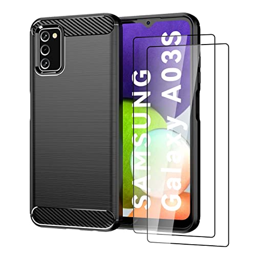 DEVASO Hülle Kompatibel mit Samsung Galaxy A03S Karbon Faser Design Ultra Dünn Weiche TPU Silikon Case Stoßfestes Schutzhülle Kratzfest Handyhülle mit 2 Stück Bildschirmschutz - Schwarz von DEVASO