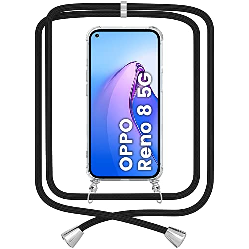 DEVASO Hülle für Oppo Reno 8 5G mit Band Transparent Crystal TPU Silikon Schutzhülle mit Necklace Kordel Kratzfest Handyhülle - Schwarz von DEVASO