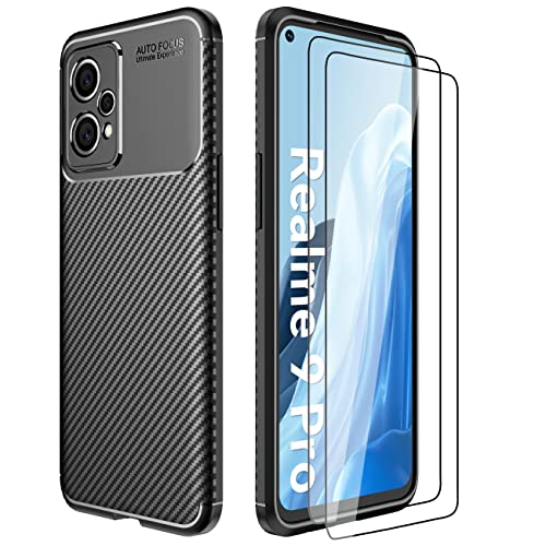 DEVASO Hülle für Realme 9 Pro 5G/Realme 9 5G mit 2Pcs Panzerglas, Kohlefaser Textur-Design Handyhülle Soft TPU Silikon Gel Bumper Case Hochwertigem Stoßfest Cover - Schwarz von DEVASO