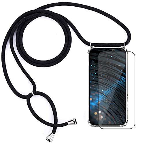 DEVASO Hülle für iPhone 13 Pro Max mit Band Transparent Crystal TPU Silikon Schutzhülle mit Necklace Kordel Kratzfest Handyhülle 1 Pcs 9H Panzerglasfolie - Schwarz von DEVASO