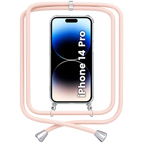 DEVASO Hülle für iPhone 14 Pro mit Band Transparent Crystal TPU Silikon Schutzhülle mit Necklace Kordel Kratzfest Handyhülle - Roségold von DEVASO