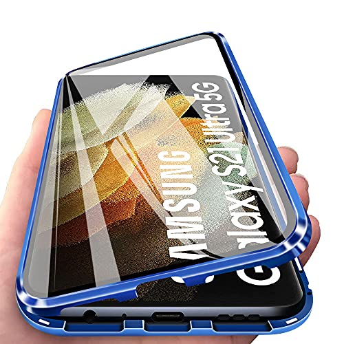 DEVASO Hülle kompatibel mit Samsung Galaxy S21 Ultra Magnetische Adsorption 2 in 1 Stoßfest Hülle 360 Grad Schutzhülle Metall mit Gehärtetes Glas Flip Case - Dunkelblau von DEVASO