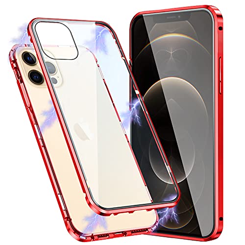 DEVASO Hülle kompatibel mit iPhone 12 Pro Max 6.7 Inch Magnetische Adsorption 2 in 1 Stoßfest Hülle 360 Grad Schutzhülle Metall mit Gehärtetes Glas Flip Case - Rot von DEVASO