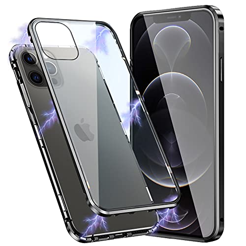DEVASO Hülle kompatibel mit iPhone 12 Pro Max 6.7 Inch Magnetische Adsorption 2 in 1 Stoßfest Hülle 360 Grad Schutzhülle Metall mit Gehärtetes Glas Flip Case - Schwarz von DEVASO