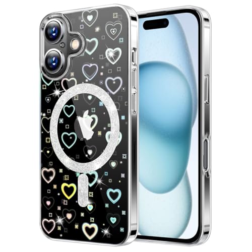 DEVASO Magnetisch Hülle für iPhone 16 Plus Kompatibel mit MagSafe, Farbverlauf Glitzer Herz Muster Transparent Handyhülle, Durchsichtige Flash Hologramm Kratzfest Schutzhülle für Mädchen Frauen von DEVASO