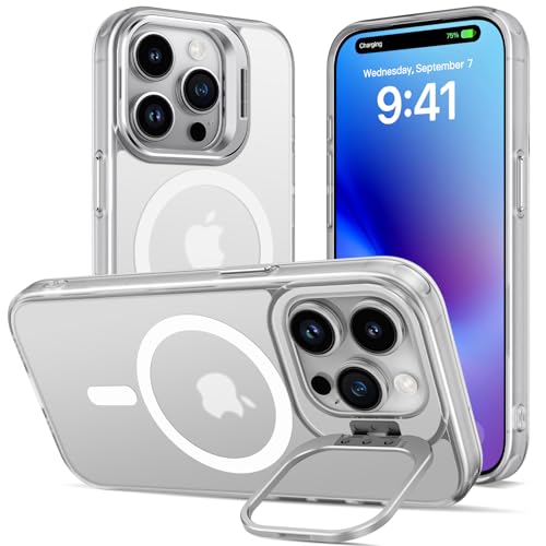Magnetisch Hülle für iPhone 14 Pro mit Ständer, Kompatibel mit MagSafe, Matt Samtweiche Haptik Handyhülle Durchscheinende Rückseite Dünn Stoßfest Schutzhülle Anti-Fingerabdruck Case,Durchsichtig von DEVASO