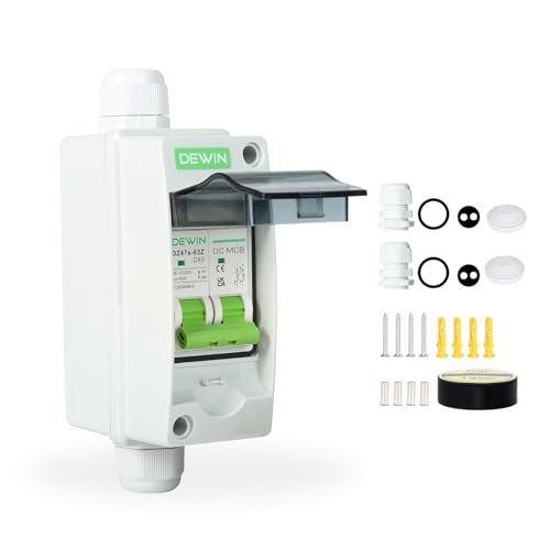 DEWIN DC Leistungsschalter, Solar Sicherungsautomat DC Trennschalter Leitungsschutzschalter mit Gehäuse IP65 Wasserdicht für PV Anlage 2P 63A DC 1000V von DEWIN