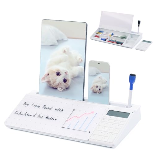 DEWUR Glas Whiteboard Desktop Memoboard, als Dock Handy Ständer, Tablet Ständer Tastatur Ständer Schreibtisch Organizer mit Zubehör für Büro, Zuhause, mit Taschenrechner von DEWUR