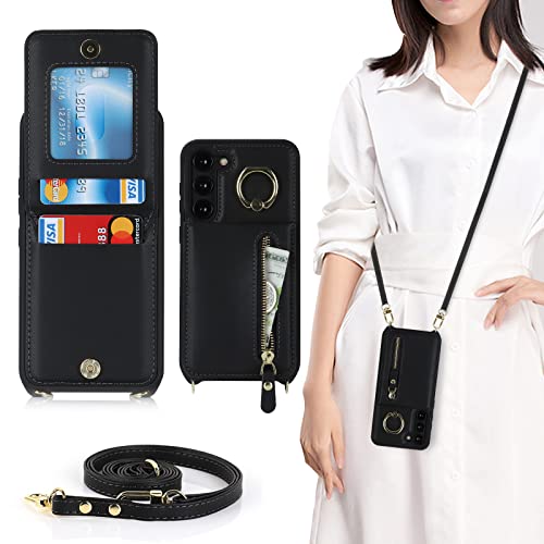 DEYHU Samsung Galaxy S23 Hülle mit Kartenhalter für Frauen, Galaxy S23 Hülle Brieftasche mit Gurt Kreditkartenfächer Crossbody mit Ständer Reißverschluss stoßfeste Hülle für S23 - Schwarz von DEYHU