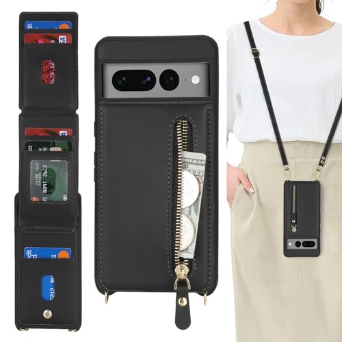 DEYHU Schutzhülle für Google Pixel 7 Pro, mit Kartenfach für Damen, Pixel 7 Pro, Handyhülle mit Riemen, Kreditkartenfächern, Crossbody-Tasche mit Ständer, Reißverschluss, Schwarz von DEYHU