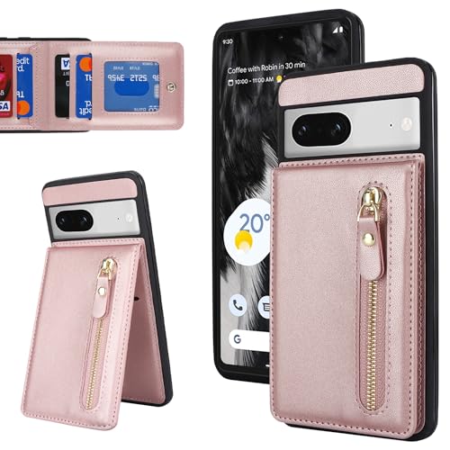 DEYHU Schutzhülle für Google Pixel 7 mit Kartenfach für Damen, für Pixel 7, Handyhülle mit Riemen, Kreditkarte mit Ständer, Reißverschluss, stoßfest, Roségold von DEYHU