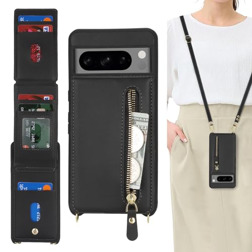DEYHU Schutzhülle für Google Pixel 8 Pro mit Kartenfach für Damen, für Pixel 8 Pro, Handyhülle mit Riemen, Kreditkartenfächern, Crossbody mit Ständer, Reißverschluss, stoßfeste Hülle, Schwarz von DEYHU