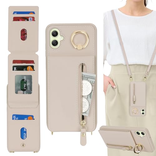 DEYHU Schutzhülle für Samsung Galaxy A05 mit Kartenfach für Damen, Galaxy A05, Geldbörse mit Riemen, Kreditkartenfächern, Crossbody-Tasche mit Ständer, Reißverschluss, für A05, Warmweiß von DEYHU