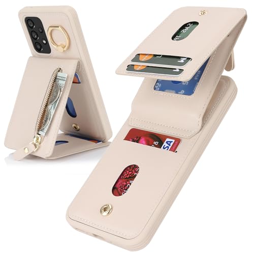 DEYHU Schutzhülle für Samsung Galaxy A53 5G mit Kartenhalter für Damen, Samsung Galaxy A53 5G, Handyhülle mit Kreditkarte mit Ring, Ständer, Reißverschluss, stoßfest, schlank, Warmweiß von DEYHU