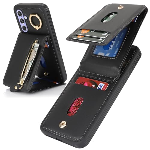 DEYHU Schutzhülle für Samsung Galaxy A54 5G, mit Kartenhalter für Damen, Samsung Galaxy A54 5G, Brieftaschenformat, mit Kreditkarte, mit Ring, Ständer, Reißverschluss, schmaler Ständer, Schwarz von DEYHU