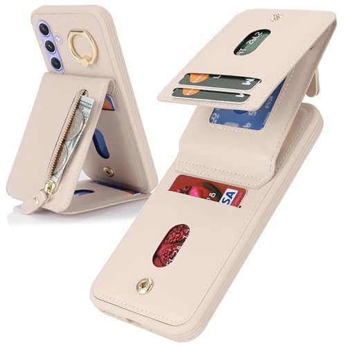 DEYHU Schutzhülle für Samsung Galaxy A54 5G mit Kartenhalter für Damen, Samsung Galaxy A54 5G, Handyhülle mit Kreditkarte mit Ring, Ständer, Reißverschluss, schmaler Ständer, Warmweiß von DEYHU