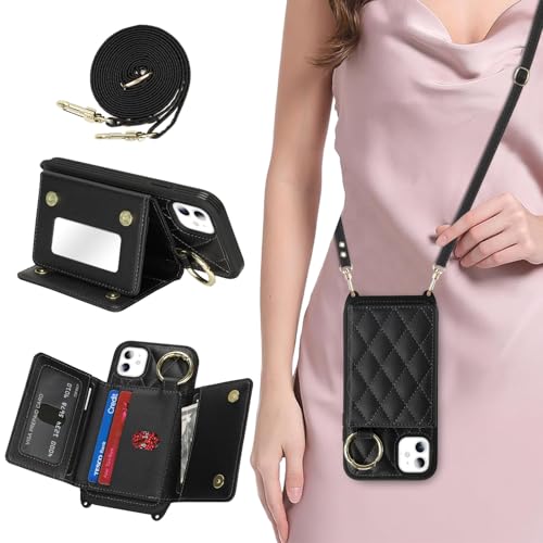 DEYHU Schutzhülle für iPhone 11, mit Kartenfach und Riemen, Crossbody-Tasche mit Ringständer, Make-up-Spiegel, Brieftaschen-Schutzhülle für Apple11, Schwarz DEYHU Schutzhülle für iPhone 11, mit Kartenfach und Riemen, Crossbody-Tasche mit Ringständer, Make-up-Spiegel, Brieftaschen-Schutzhülle für Apple11, Schwarz von DEYHU