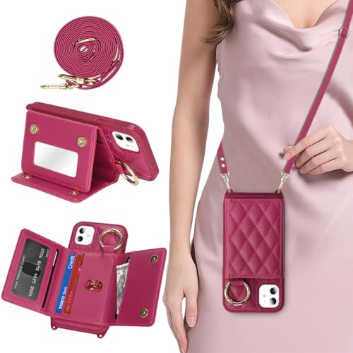 DEYHU Schutzhülle für iPhone 11, mit Kartenfach und Schlaufe, Crossbody-Tasche mit Ringständer, Make-up-Spiegel, Brieftaschen-Schutzhülle für Apple11, Rosenrot von DEYHU