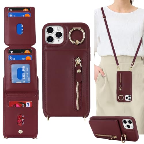 DEYHU Schutzhülle für iPhone 11 Pro Max mit Kartenhalter für Damen, für iPhone 11 Pro Max, Handyhülle mit Riemen, Kreditkartenfächern, Crossbody-Tasche mit Ständer, Reißverschluss, Rotwein von DEYHU