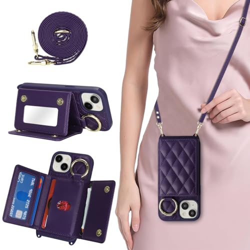 DEYHU Schutzhülle für iPhone 13, mit Kartenhalter und Riemen, Crossbody-Tasche mit Ringständer, Make-up-Spiegel, Brieftaschen-Schutzhülle für Apple13, Dunkelviolett DEYHU Schutzhülle für iPhone 13, mit Kartenhalter und Riemen, Crossbody-Tasche mit Ringständer, Make-up-Spiegel, Brieftaschen-Schutzhülle für Apple13, Dunkelviolett von DEYHU