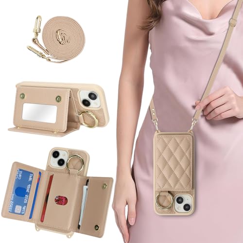 DEYHU Schutzhülle für iPhone 14, mit Kartenfach und Riemen, Crossbody-Tasche mit Ringständer, Make-up-Spiegel, Brieftaschen-Schutzhülle für Apple14, Off-White DEYHU Schutzhülle für iPhone 14, mit Kartenfach und Riemen, Crossbody-Tasche mit Ringständer, Make-up-Spiegel, Brieftaschen-Schutzhülle für Apple14, Off-White von DEYHU