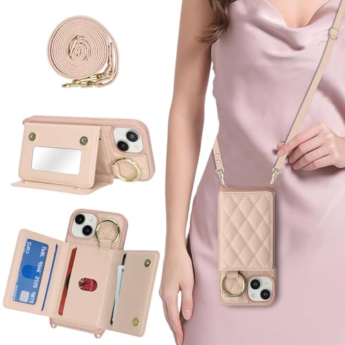 DEYHU Schutzhülle für iPhone 14, mit Kartenhalter und Riemen, für Damen, Crossbody-Tasche mit Ring-Ständer, Make-up-Spiegel, Brieftaschen-Schutzhülle für Apple14, Roségold DEYHU Schutzhülle für iPhone 14, mit Kartenhalter und Riemen, für Damen, Crossbody-Tasche mit Ring-Ständer, Make-up-Spiegel, Brieftaschen-Schutzhülle für Apple14, Roségold von DEYHU