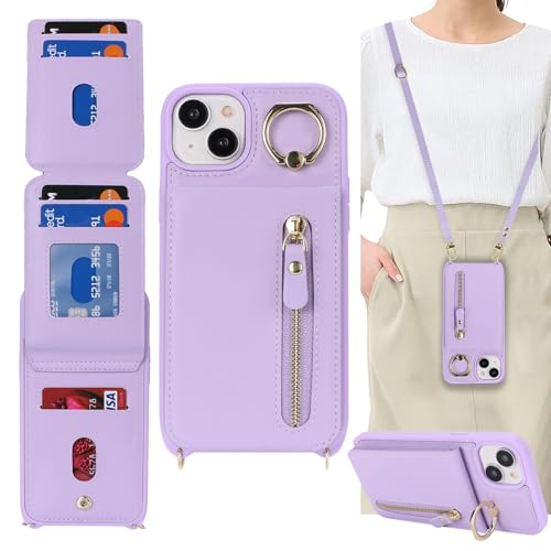 DEYHU Schutzhülle für iPhone 14 mit Kartenhalter für Damen, iPhone 14, Handyhülle mit Riemen, Kreditkartenfächern, Crossbody, mit Ständer, Reißverschluss, für iPhone 14, Violett von DEYHU