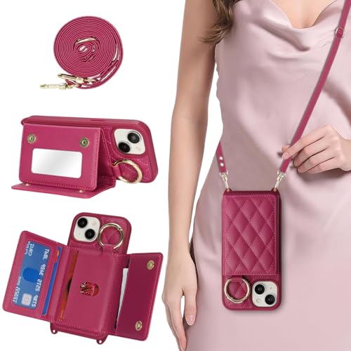 DEYHU Schutzhülle für iPhone 15, mit Kartenfach und Schlaufe, Crossbody-Tasche mit Ringständer, Make-up-Spiegel, Brieftaschen-Schutzhülle für Apple15, Rosenrot DEYHU Schutzhülle für iPhone 15, mit Kartenfach und Schlaufe, Crossbody-Tasche mit Ringständer, Make-up-Spiegel, Brieftaschen-Schutzhülle für Apple15, Rosenrot von DEYHU