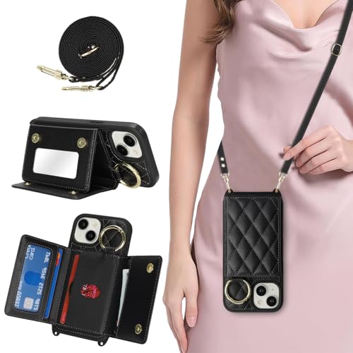 DEYHU Schutzhülle für iPhone 15, mit Kartenhalter und Riemen, Crossbody-Tasche mit Ringständer, Make-Up-Spiegel, Brieftaschen-Schutzhülle für Apple15, Schwarz von DEYHU