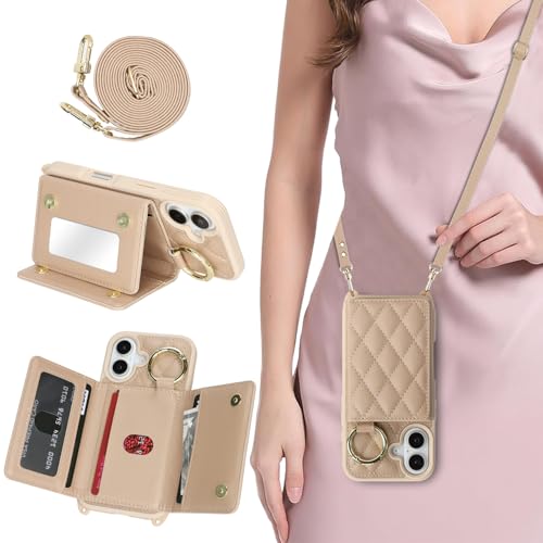 DEYHU Schutzhülle für iPhone 16, mit Kartenfach und Riemen, Crossbody-Tasche mit Ringständer, Make-up-Spiegel, Brieftaschen-Schutzhülle für Apple16, Off-White DEYHU Schutzhülle für iPhone 16, mit Kartenfach und Riemen, Crossbody-Tasche mit Ringständer, Make-up-Spiegel, Brieftaschen-Schutzhülle für Apple16, Off-White von DEYHU