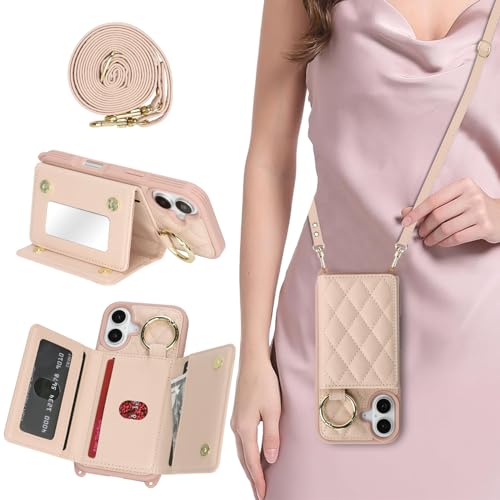 DEYHU Schutzhülle für iPhone 16, mit Kartenhalter und Riemen, Crossbody-Tasche mit Ringständer, Make-up-Spiegel, Brieftaschen-Schutzhülle für Apple16, Roségold DEYHU Schutzhülle für iPhone 16, mit Kartenhalter und Riemen, Crossbody-Tasche mit Ringständer, Make-up-Spiegel, Brieftaschen-Schutzhülle für Apple16, Roségold von DEYHU