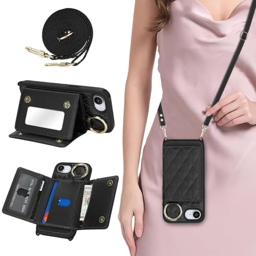 DEYHU Schutzhülle für iPhone 16e, mit Kartenhalter und Riemen, Crossbody-Tasche mit Ringständer, Make-up-Spiegel, Brieftaschen-Schutzhülle für Apple16e, Schwarz von DEYHU