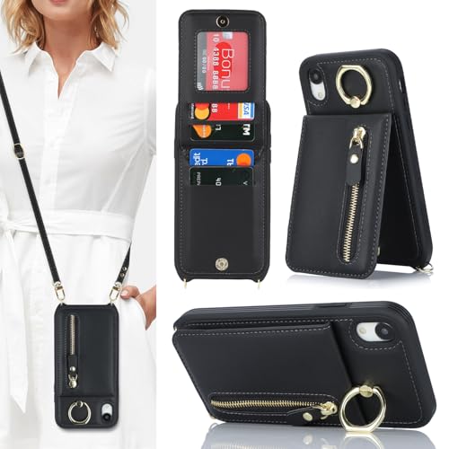 DEYHU iPhone XR Handyhülle mit Kartenhalter für Frauen, iPhone XR Hülle Brieftasche mit Gurt Kreditkartenfächer Crossbody mit Kickstand Reißverschluss Hülle für iPhoneXR – Schwarz von DEYHU