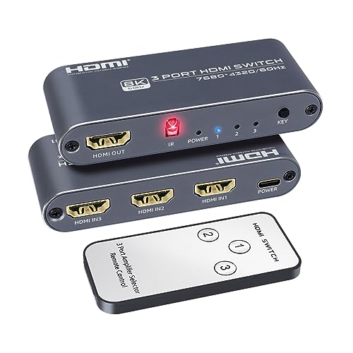 3 in 1 Out HDMI Umschalter 8K 60Hz 4K 120Hz HDMI Switch, 3 Port HDMI Switch mit IR-Fernbedienung, kompatibel mit PC, PS3, PS4, Xbox, HD-Playern, Blu-Ray-Playern, etc. von DGODRT