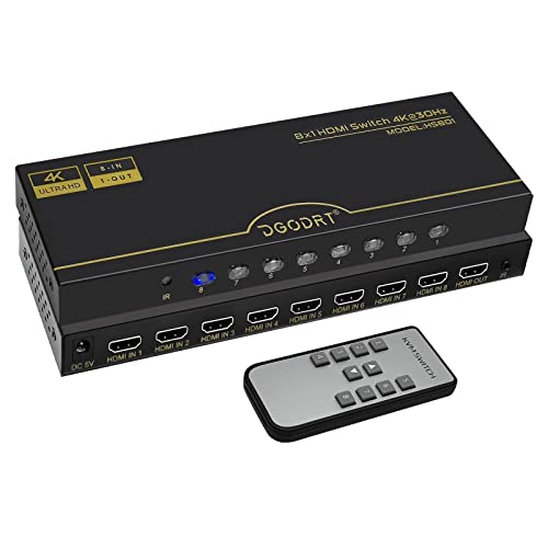 4K 30Hz HDMI Umschalter 8 in 1 Out,8 Port Automatisch HDMI Switcher Mit 5V-Netzkabel + IR-Infrarot-Empfänger,Umschaltung für Xbox,PS4,HDTV,TV Stick,Blu-Ray von DGODRT