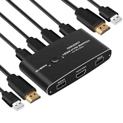 DGODRT 4K 60Hz HDMI KVM Switch, 2 Port USB HDMI Umschalter für 2 Computer 1 Monitor, die sich 2 USB-Geräte teilen, enthält 2 HDMI-Kabel und 2 USB-Kabel von DGODRT