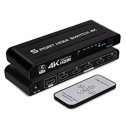 5 in 1 Out HDMI Switch Splitter 4K 30Hz mit Fernbedienung und Automatische Umschaltung, HDMI Umschalter Verteiler 5 Port für TV/DVD/Xbox/PS4/Blu-Ray von DGODRT