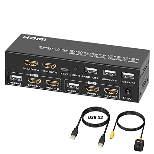 HDMI KVM Switch 2 Monitors, 4K @ 60Hz Dual Monitore KVM Switches, kvm switch 2 pc 2 monitore, HDMI 2.0 und HDCP 2.2, mit Button Switch and 2 USB Kabel von DGODRT